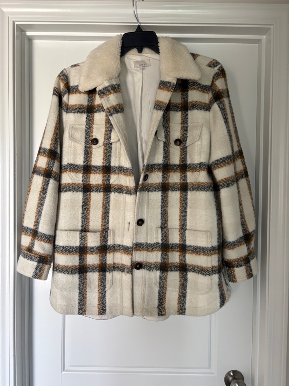 LOFT Plaid Sherpa-Collar Coatigan in Cream Gray and Brown